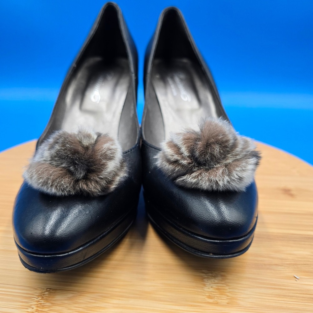 Carisima Italy Black Leather Pom Pom‎ Platform Pumps Heels Size 9 Almond Toe 4" - Picture 10 of 10